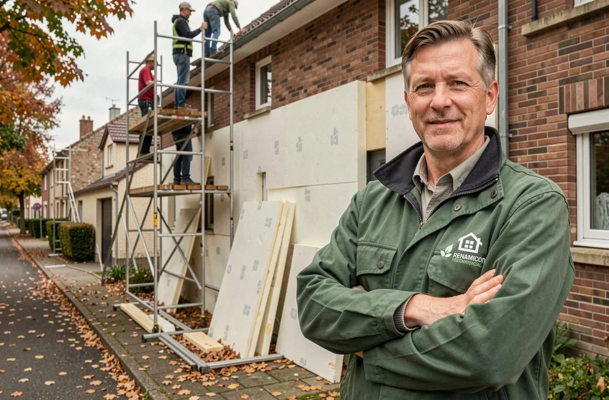 Conseiller de Rénovert Île-de-France Nord supervisant l'isolation extérieure d'une maison en banlieue parisienne