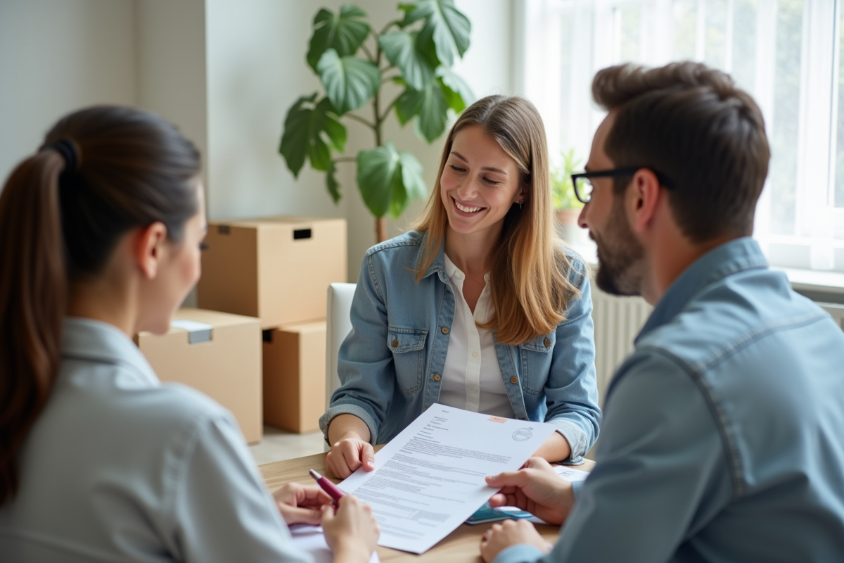 Adultes discutant avec une assistante sociale à un bureau organisé