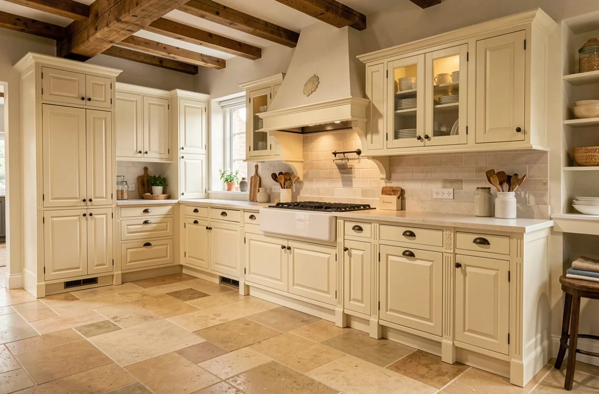 Cuisine de style provençal exposée chez Robert Bernard avec cabinetry en bois peint crème et évier en céramique