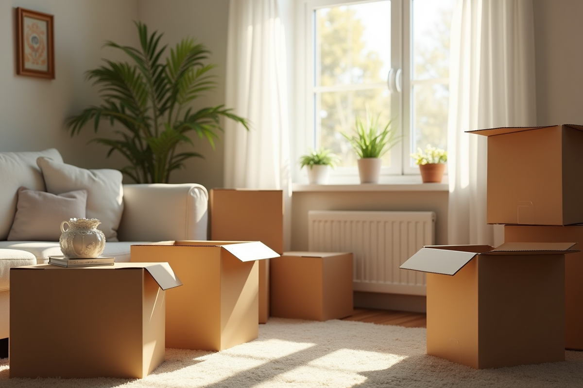 Salon lumineux avec plusieurs cartons de déménagement ouverts