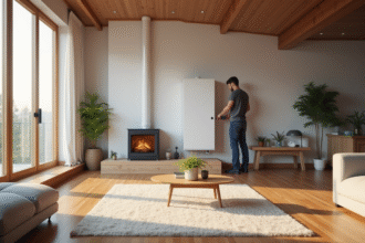 Salon moderne avec chauffage central et technicien ajustant le manifold