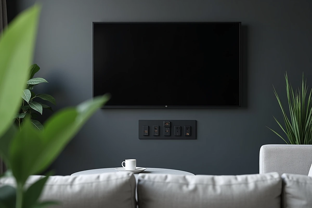 Salon design avec prise TV murale discrète noire et gestion de câbles intégrée derrière un mur anthracite