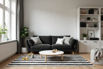 Salon familial en noir et blanc avec canapé gris anthracite, coussins géométriques et tapis rayé, adapté aux enfants avec des jouets colorés au sol