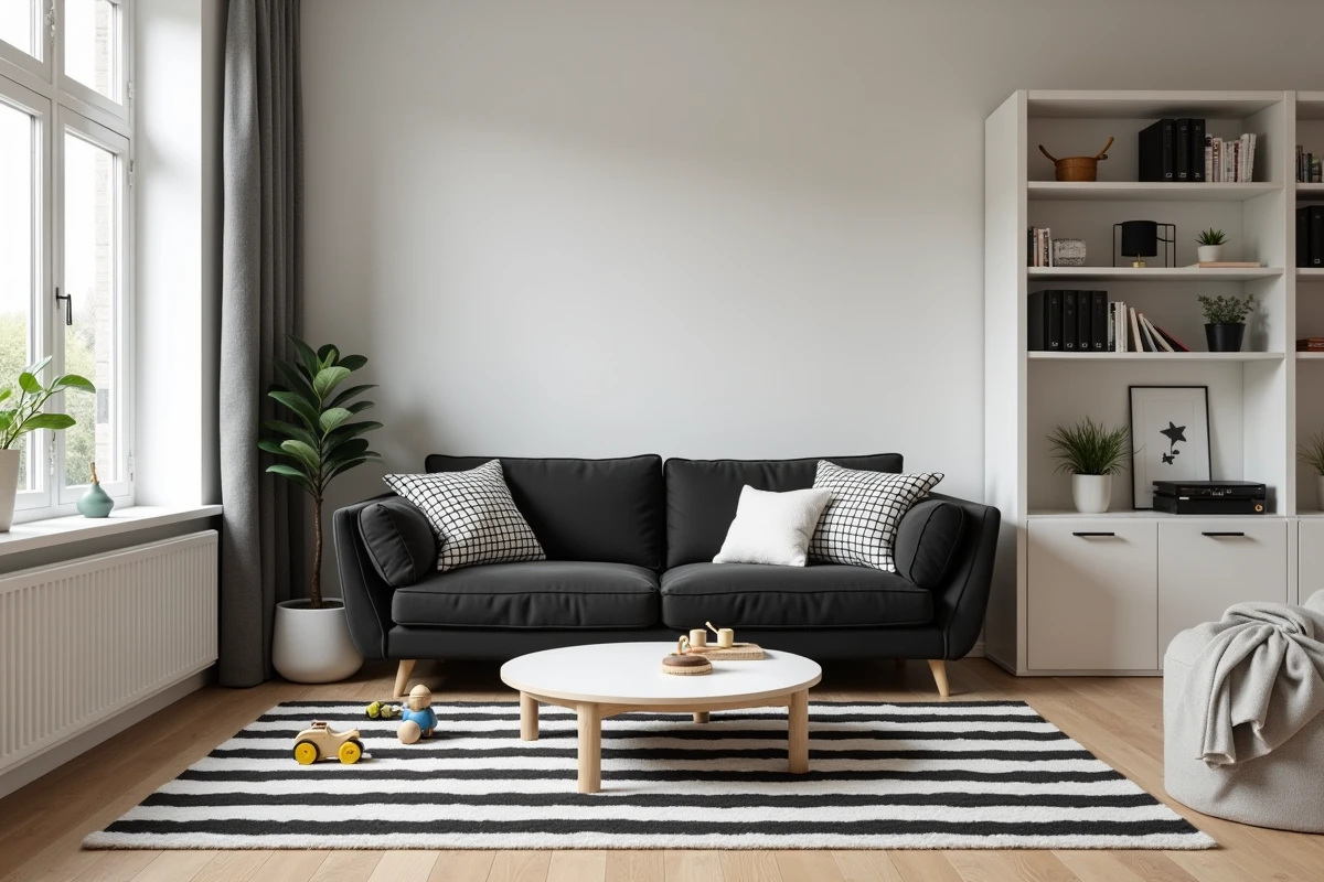 Salon familial en noir et blanc avec canapé gris anthracite, coussins géométriques et tapis rayé, adapté aux enfants avec des jouets colorés au sol