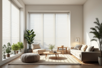 Salon moderne avec volets venetien blancs et lumière naturelle
