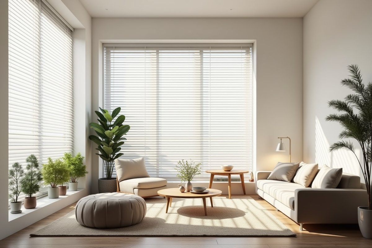 Salon moderne avec volets venetien blancs et lumière naturelle