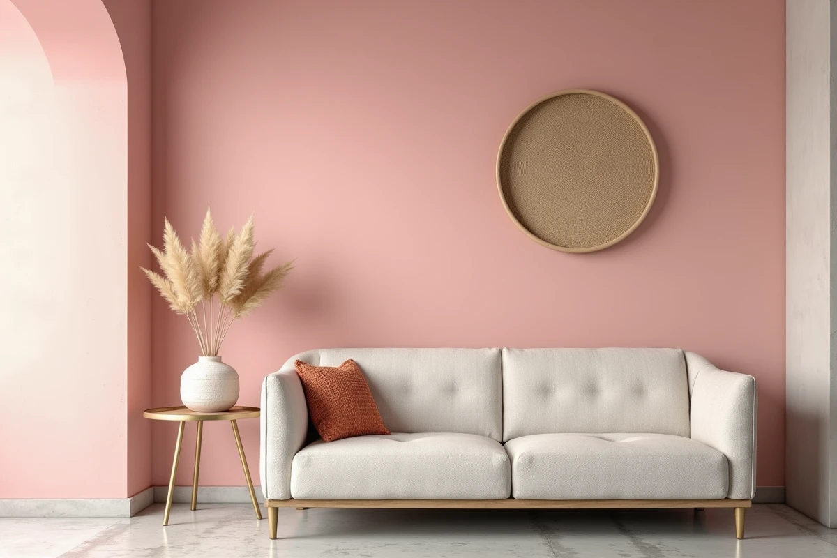 Salon moderne avec mur rose intense en arrière-plan, canapé en lin crème et décoration scandinave
