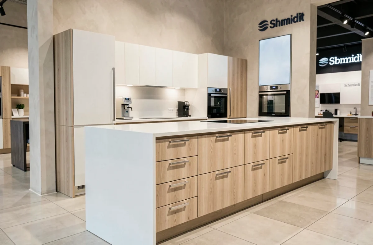 Cuisine Schmidt exposée dans le showroom d'Epagny avec cabinetry blanc mat et plan de travail en quartz