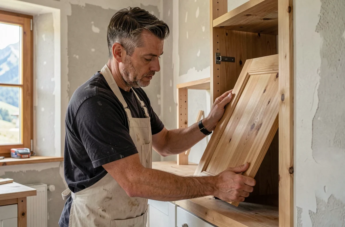 Artisan cuisiniste Sébastien Georget installant une façade en bois dans une cuisine en cours de rénovation en Haute-Savoie