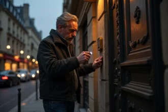Homme devant une porte d'immeuble parisien haussmannien cherchant à ouvrir sa serrure en soirée