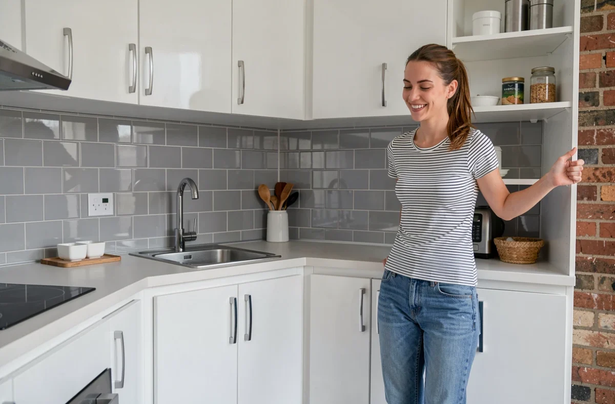 Cuisine SoCoo'c accessible et fonctionnelle en blanc brillant dans un appartement du Nord pour petit budget