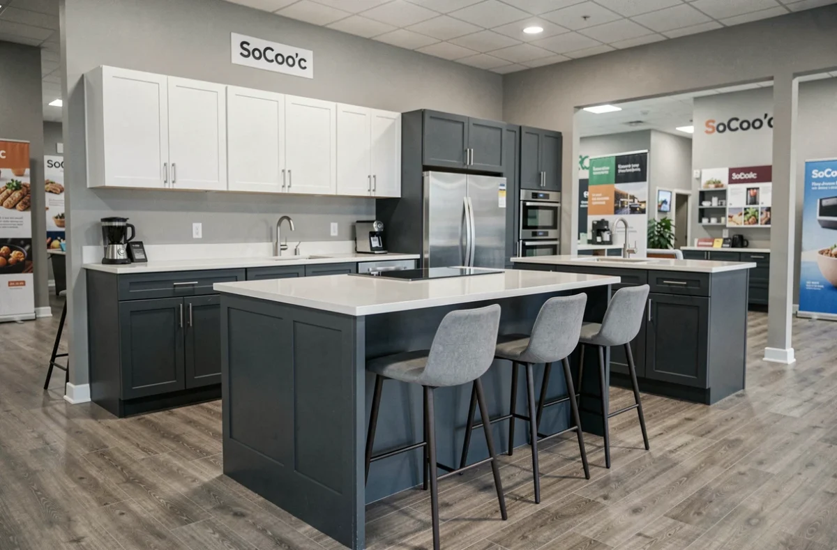 Cuisine SoCoo'c exposée à Epagny avec cabinetry bicolore gris anthracite et blanc et îlot central