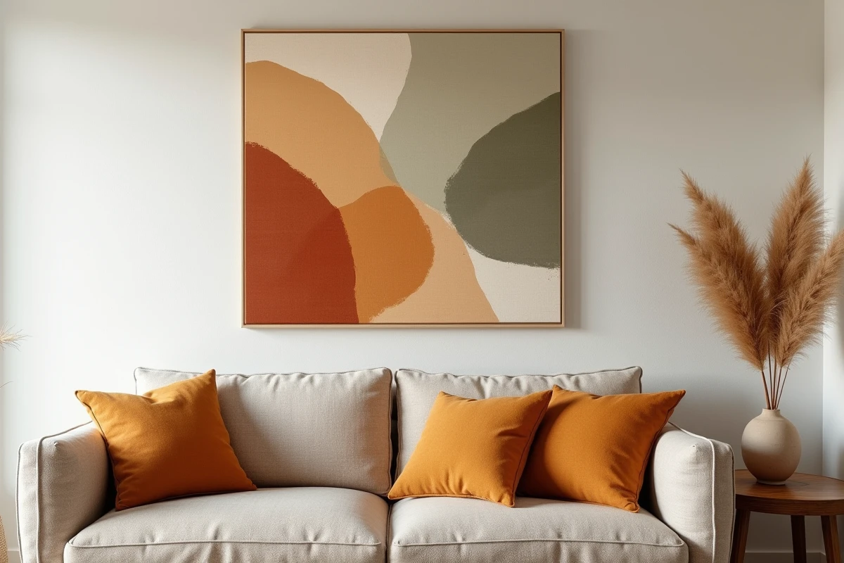 Salon chaleureux avec tableau de couleurs terracotta et sauge sur mur texturé blanc cassé, canapé lin et coussins moutarde