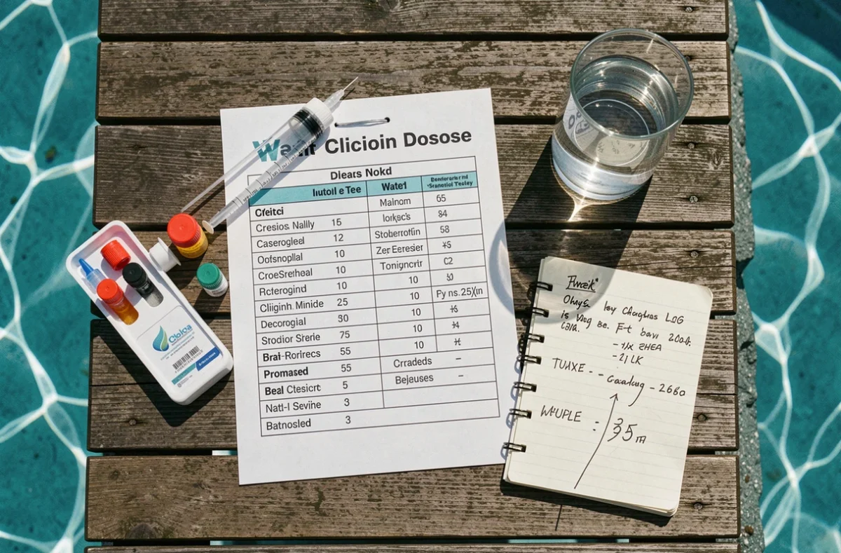 Vue du dessus d'un tableau de dosage chlore piscine avec kit d'analyse de l'eau posé en bord de bassin