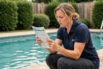 Femme lisant un tableau de dosage de chlore au bord d'une piscine extérieure