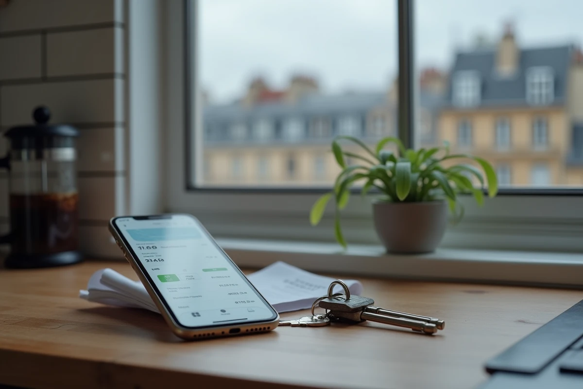 Smartphone affichant les tarifs d'un service serrurier à Paris avec clés et reçu sur un comptoir de cuisine