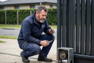 Technicien en tenue examinant un portail métallique moderne