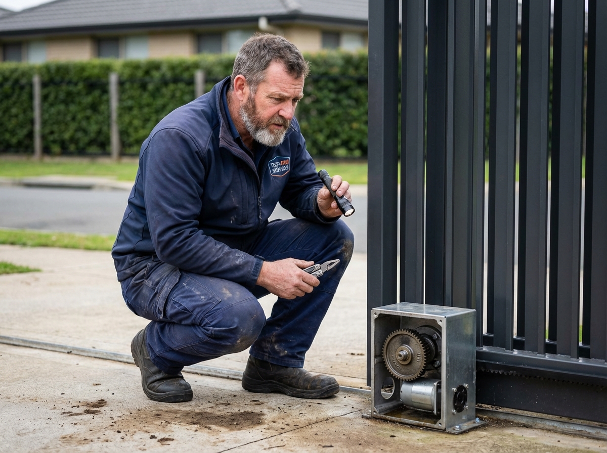 Technicien en tenue examinant un portail métallique moderne