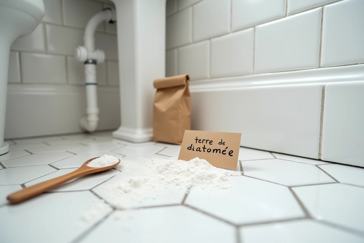 Terre de diatomée appliquée le long d'une plinthe de salle de bain pour éliminer les petites bêtes noires naturellement