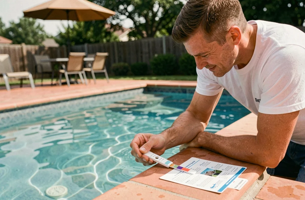 Homme testant le taux de chlore de sa piscine avec une bandelette et un tableau de référence