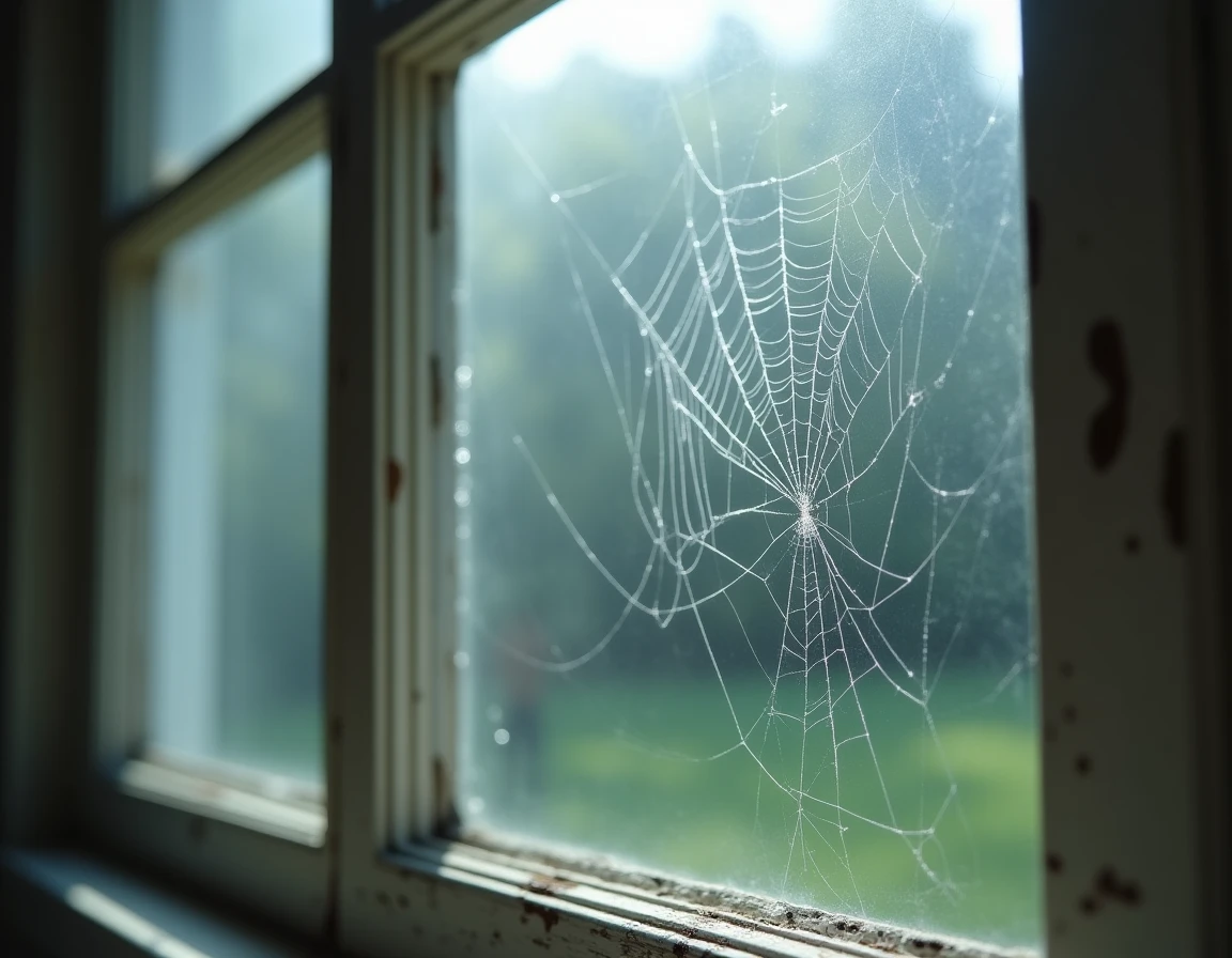 Toile d'araignée avec gouttelettes de rosée dans l'angle d'une fenêtre ancienne d'une maison de campagne française