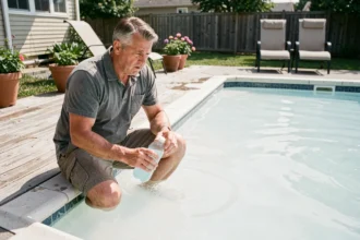 Homme inquiet agenouillé au bord d'une piscine trouble après avoir mis trop de clarifiant, tenant un flacon vide