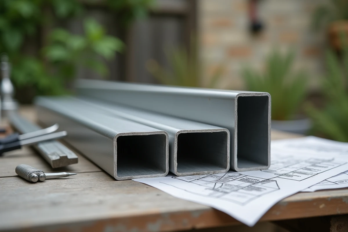 Tubes rectangulaires en aluminium coupés montrant l'épaisseur de paroi, posés sur un établi avec un pied à coulisse