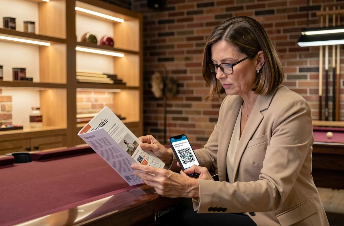 Cliente vérifiant l'authenticité d'un produit Chevillotte Billard en comparant le catalogue officiel et un QR code d'authentification sur smartphone