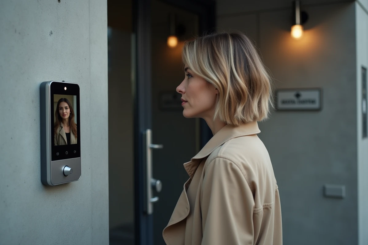 Femme consultant un visiophone à écran installé à l'entrée d'un immeuble urbain moderne