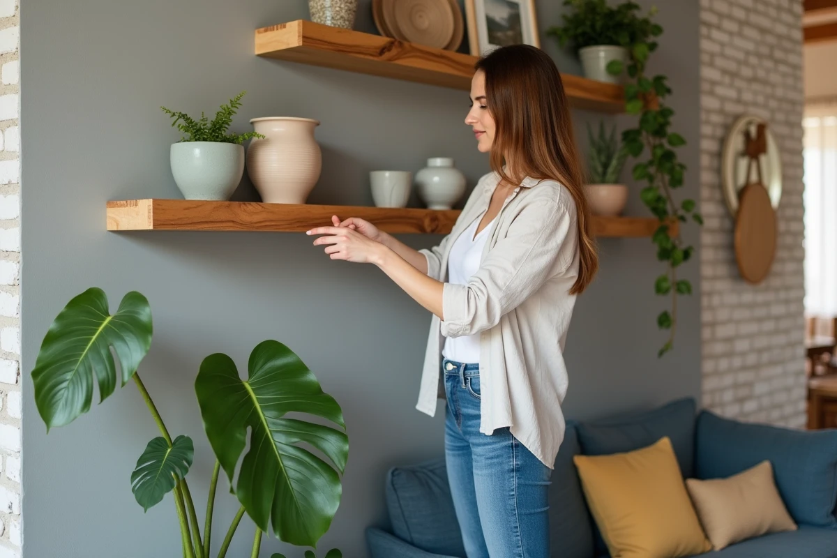 Femme arrangeant des étagères en bois recyclé dans un intérieur écologique